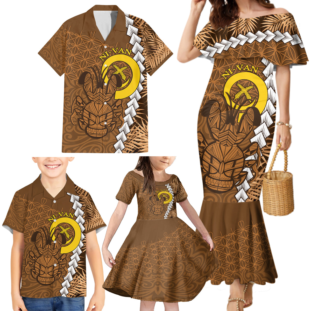 Vanuatu Coconut Crab Family Matching Mermaid Dress and Hawaiian Shirt Ni-Van Tropical Leaves With Sand Drawing Art