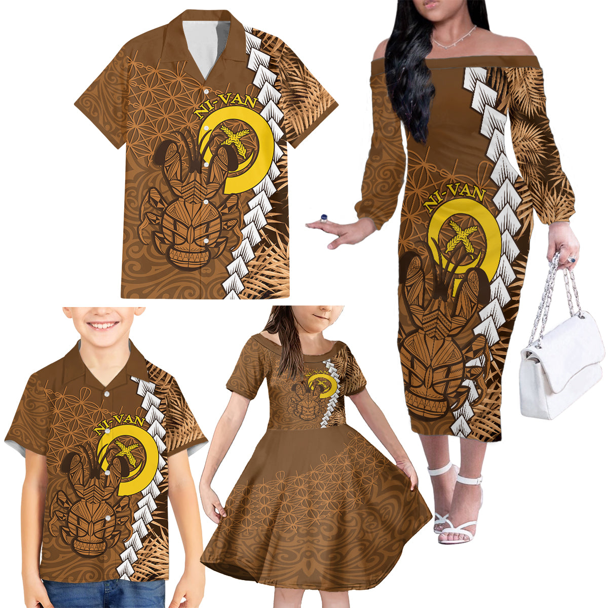 Vanuatu Coconut Crab Family Matching Off The Shoulder Long Sleeve Dress and Hawaiian Shirt Ni-Van Tropical Leaves With Sand Drawing Art LT14 - Polynesian Pride