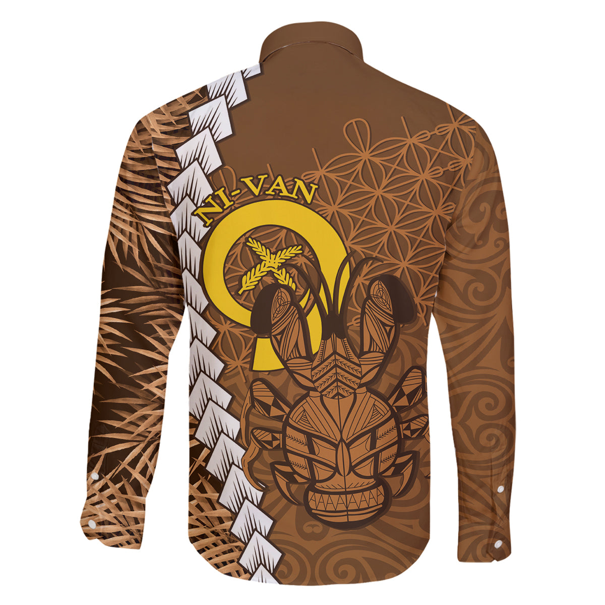 Vanuatu Coconut Crab Family Matching Off The Shoulder Long Sleeve Dress and Hawaiian Shirt Ni-Van Tropical Leaves With Sand Drawing Art LT14 - Polynesian Pride