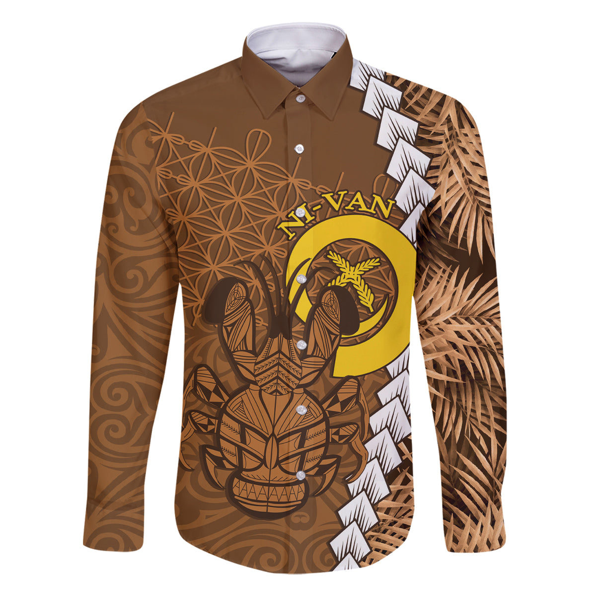 Vanuatu Coconut Crab Family Matching Off Shoulder Short Dress and Hawaiian Shirt Ni-Van Tropical Leaves With Sand Drawing Art LT14 Dad's Shirt - Long Sleeve Brown - Polynesian Pride