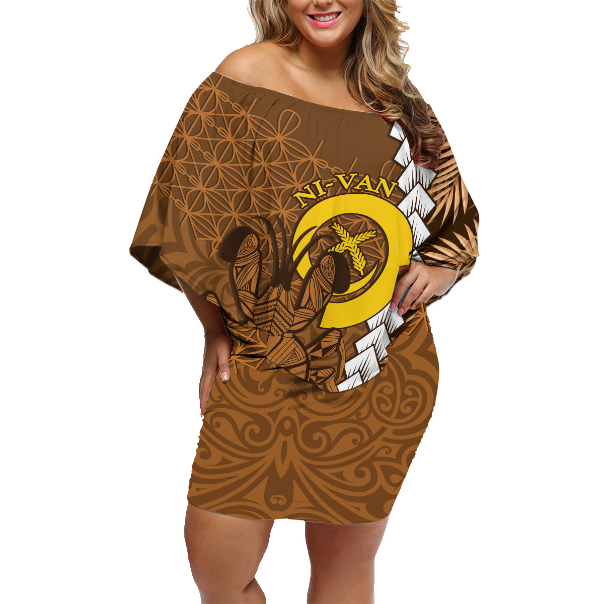 Vanuatu Coconut Crab Family Matching Off Shoulder Short Dress and Hawaiian Shirt Ni-Van Tropical Leaves With Sand Drawing Art LT14 Mom's Dress Brown - Polynesian Pride