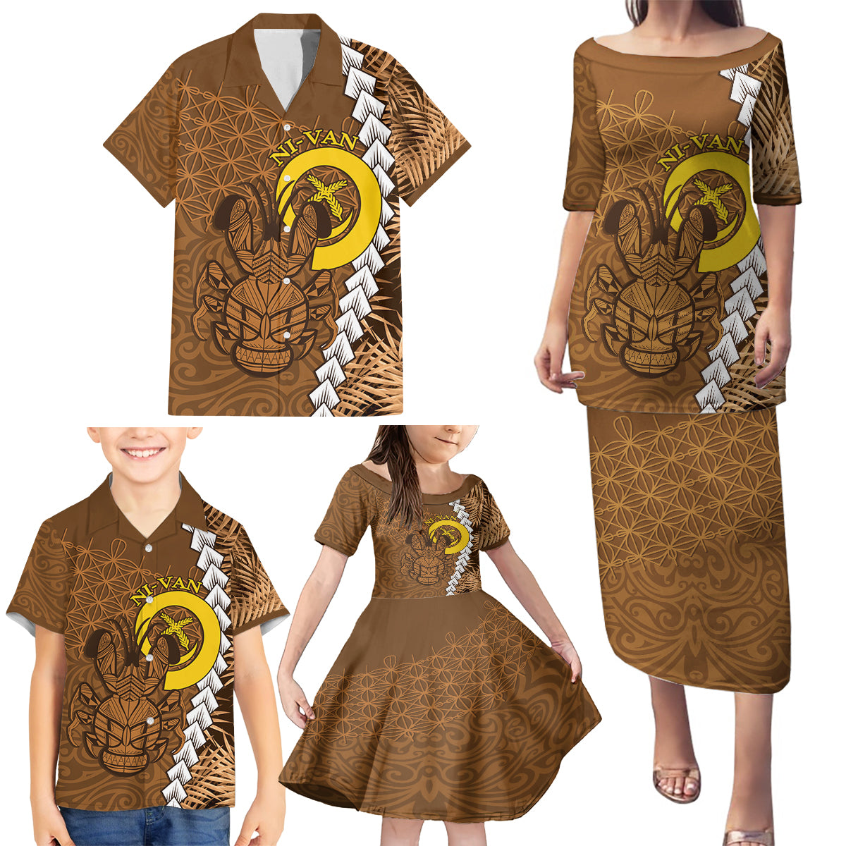 Vanuatu Coconut Crab Family Matching Puletasi and Hawaiian Shirt Ni-Van Tropical Leaves With Sand Drawing Art LT14 - Polynesian Pride