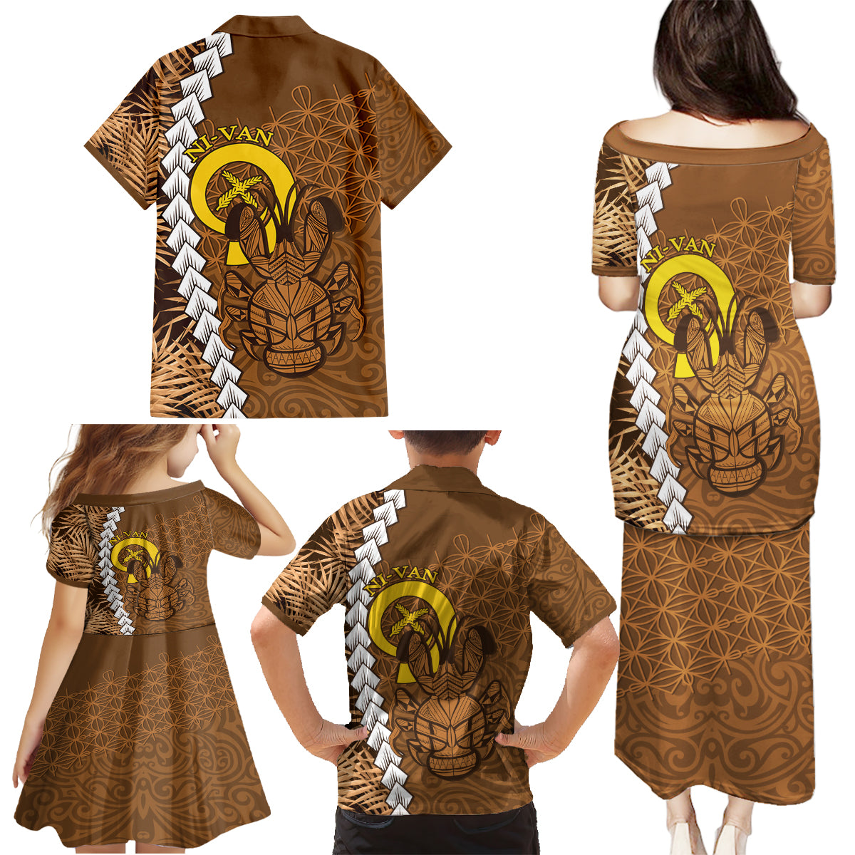 Vanuatu Coconut Crab Family Matching Puletasi and Hawaiian Shirt Ni-Van Tropical Leaves With Sand Drawing Art LT14 - Polynesian Pride