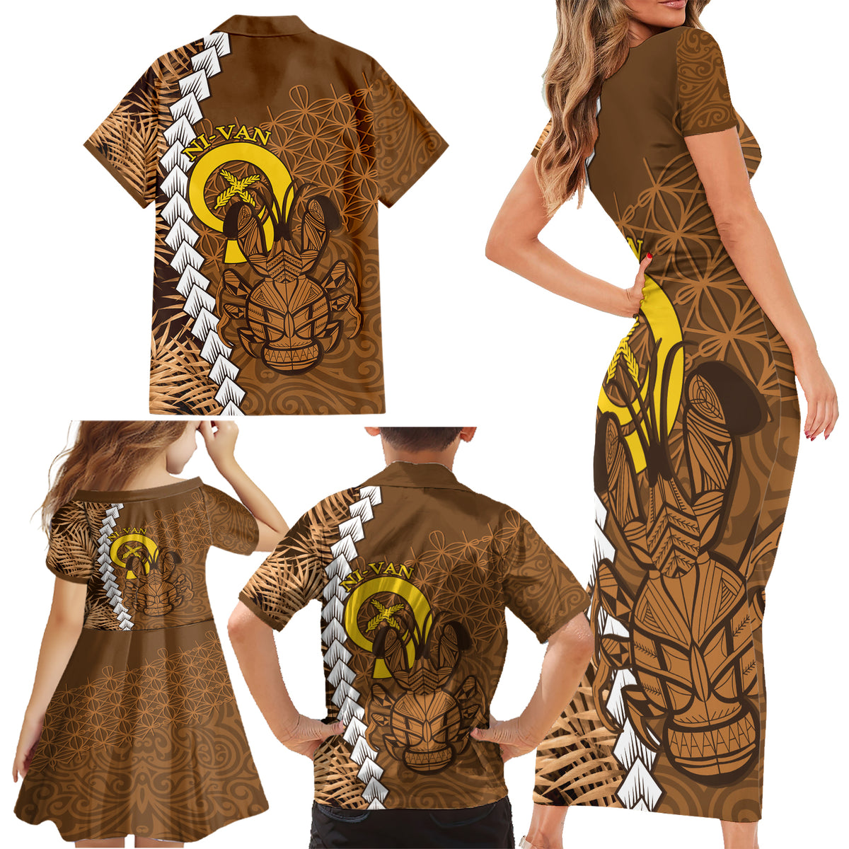 Vanuatu Coconut Crab Family Matching Short Sleeve Bodycon Dress and Hawaiian Shirt Ni-Van Tropical Leaves With Sand Drawing Art