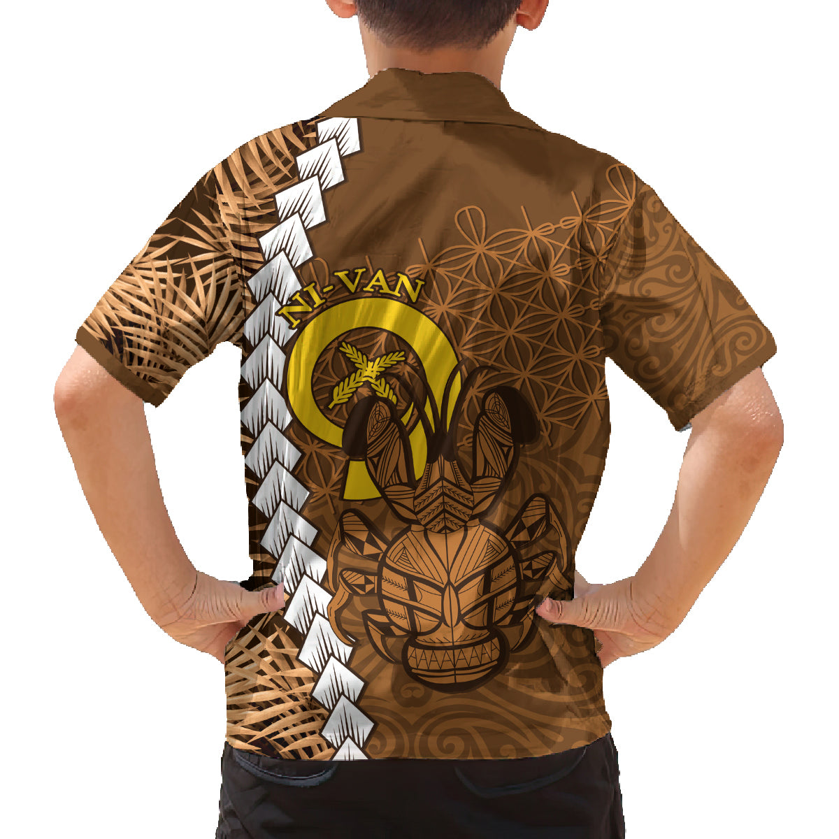 Vanuatu Coconut Crab Family Matching Tank Maxi Dress and Hawaiian Shirt Ni-Van Tropical Leaves With Sand Drawing Art LT14 - Polynesian Pride