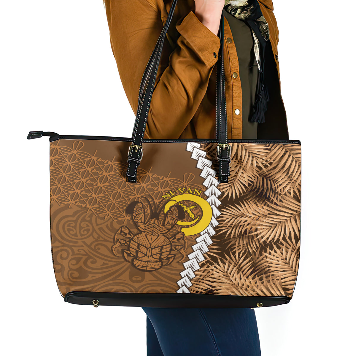 Vanuatu Coconut Crab Leather Tote Bag Ni-Van Tropical Leaves With Sand Drawing Art