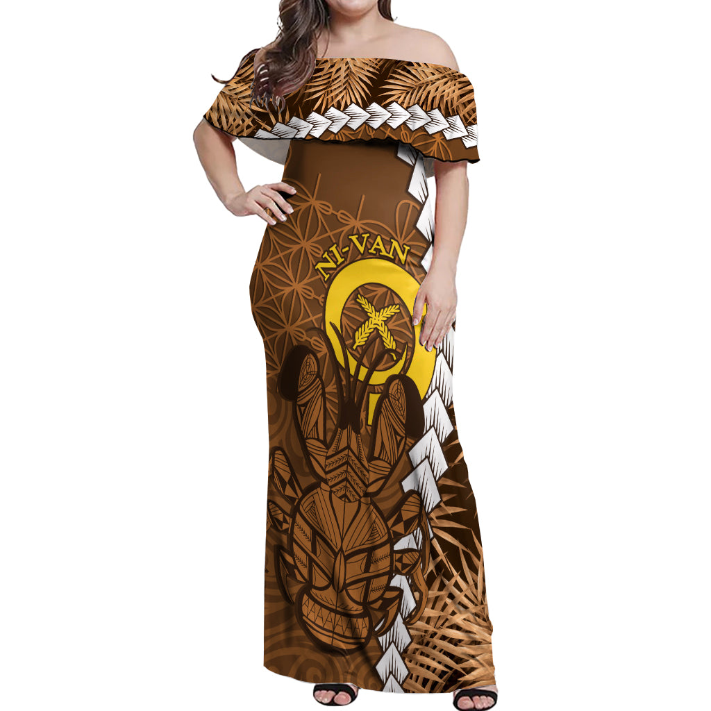 Vanuatu Coconut Crab Off Shoulder Maxi Dress Ni-Van Tropical Leaves With Sand Drawing Art