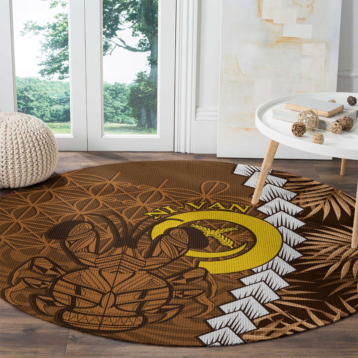 Vanuatu Coconut Crab Round Carpet Ni-Van Tropical Leaves With Sand Drawing Art
