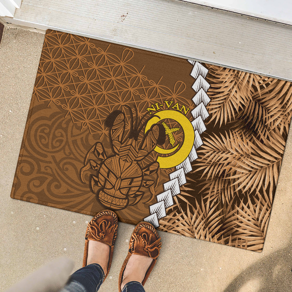 Vanuatu Coconut Crab Rubber Doormat Ni-Van Tropical Leaves With Sand Drawing Art