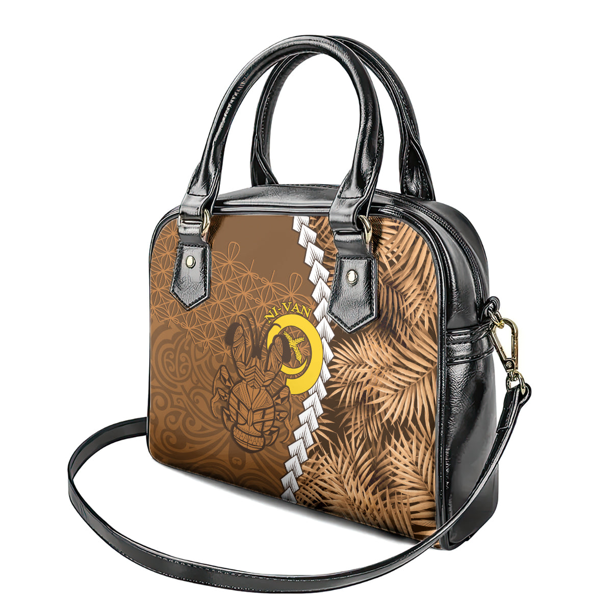 Vanuatu Coconut Crab Shoulder Handbag Ni-Van Tropical Leaves With Sand Drawing Art