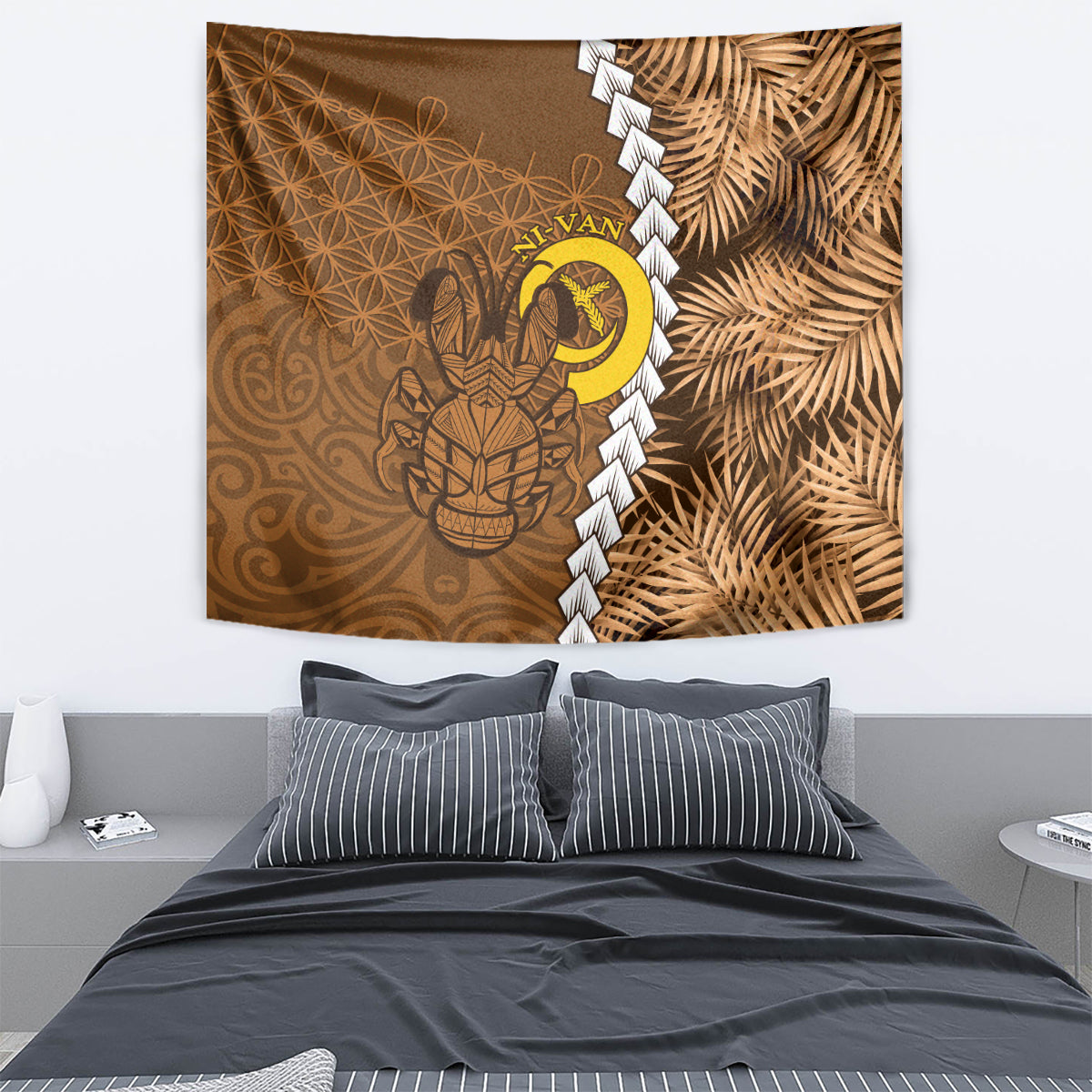 Vanuatu Coconut Crab Tapestry Ni-Van Tropical Leaves With Sand Drawing Art