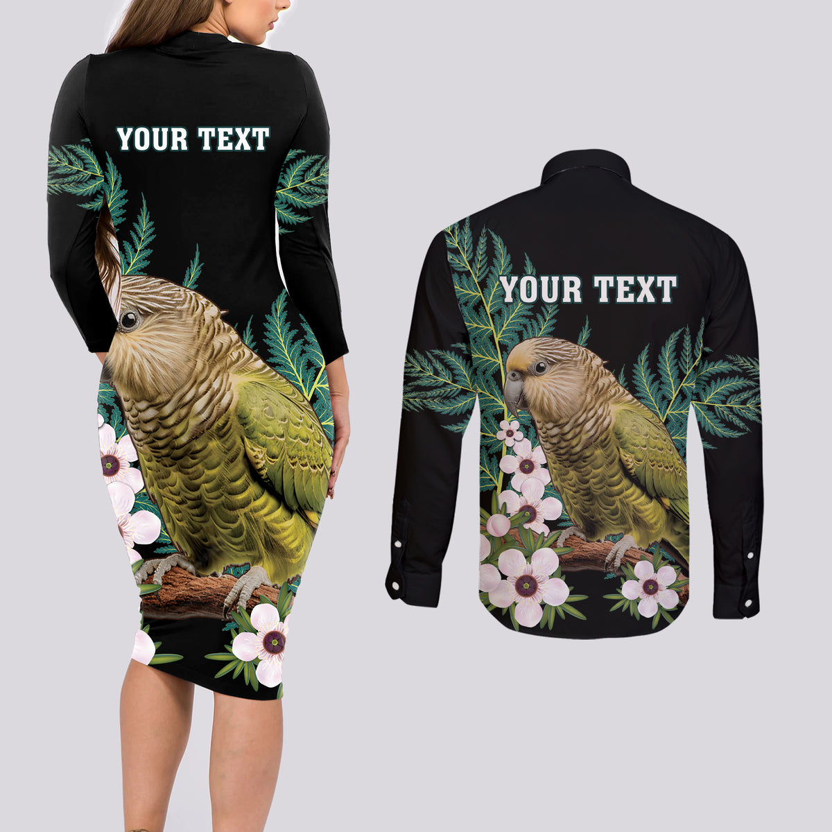 Personalised New Zealand Kakapo Couples Matching Long Sleeve Bodycon Dress and Long Sleeve Button Shirt Aotearoa Fern With Manuka LT14 - Polynesian Pride