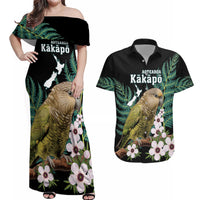 Personalised New Zealand Kakapo Couples Matching Off Shoulder Maxi Dress and Hawaiian Shirt Aotearoa Fern With Manuka LT14 Black - Polynesian Pride