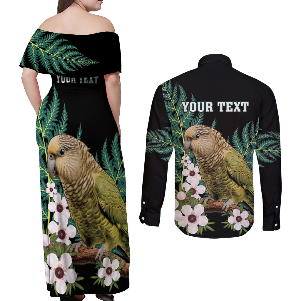 Personalised New Zealand Kakapo Couples Matching Off Shoulder Maxi Dress and Long Sleeve Button Shirt Aotearoa Fern With Manuka LT14 - Polynesian Pride