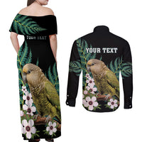Personalised New Zealand Kakapo Couples Matching Off Shoulder Maxi Dress and Long Sleeve Button Shirt Aotearoa Fern With Manuka LT14 - Polynesian Pride