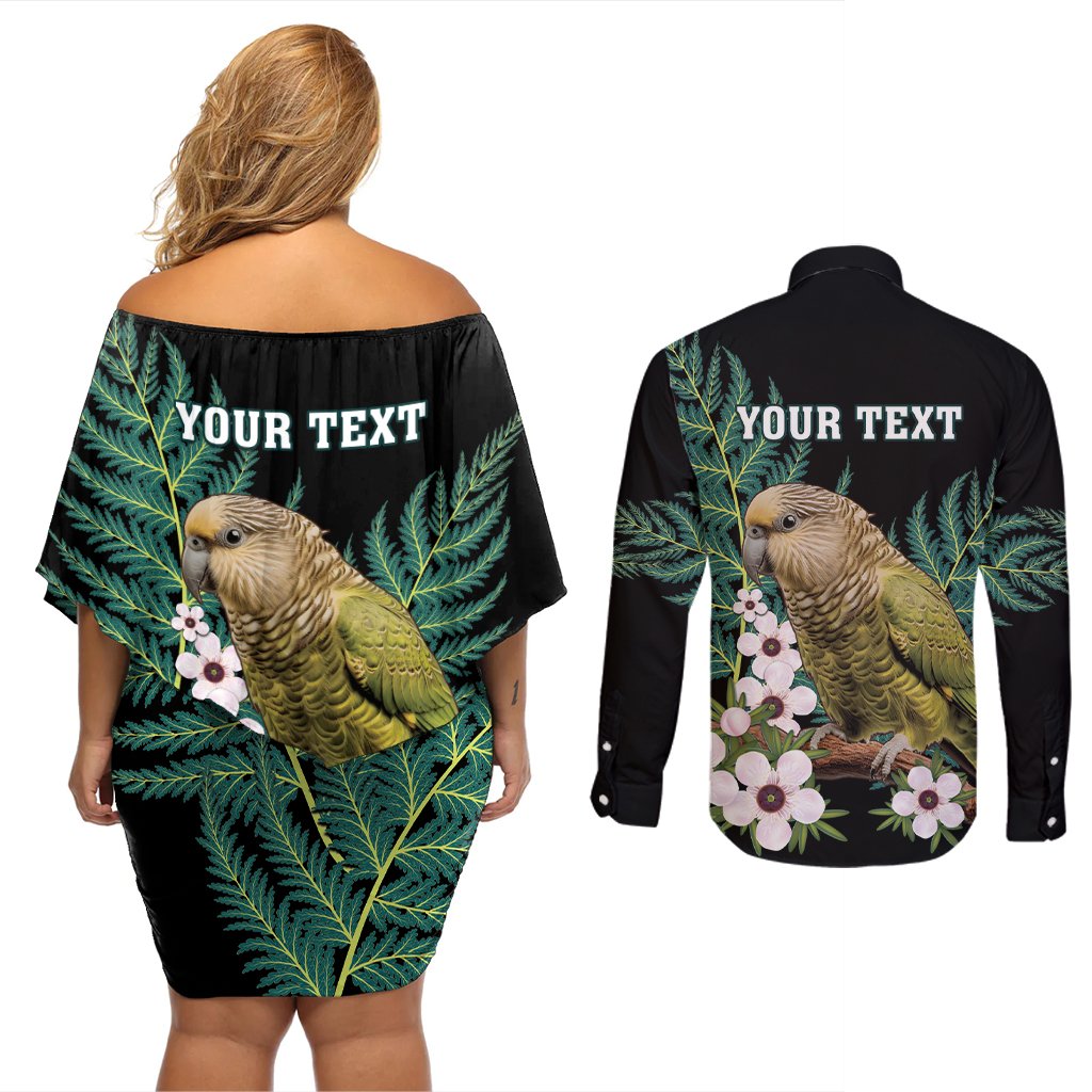 Personalised New Zealand Kakapo Couples Matching Off Shoulder Short Dress and Long Sleeve Button Shirt Aotearoa Fern With Manuka LT14 - Polynesian Pride