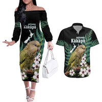 Personalised New Zealand Kakapo Couples Matching Off The Shoulder Long Sleeve Dress and Hawaiian Shirt Aotearoa Fern With Manuka LT14 Black - Polynesian Pride