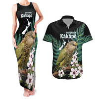 Personalised New Zealand Kakapo Couples Matching Tank Maxi Dress and Hawaiian Shirt Aotearoa Fern With Manuka LT14 Black - Polynesian Pride
