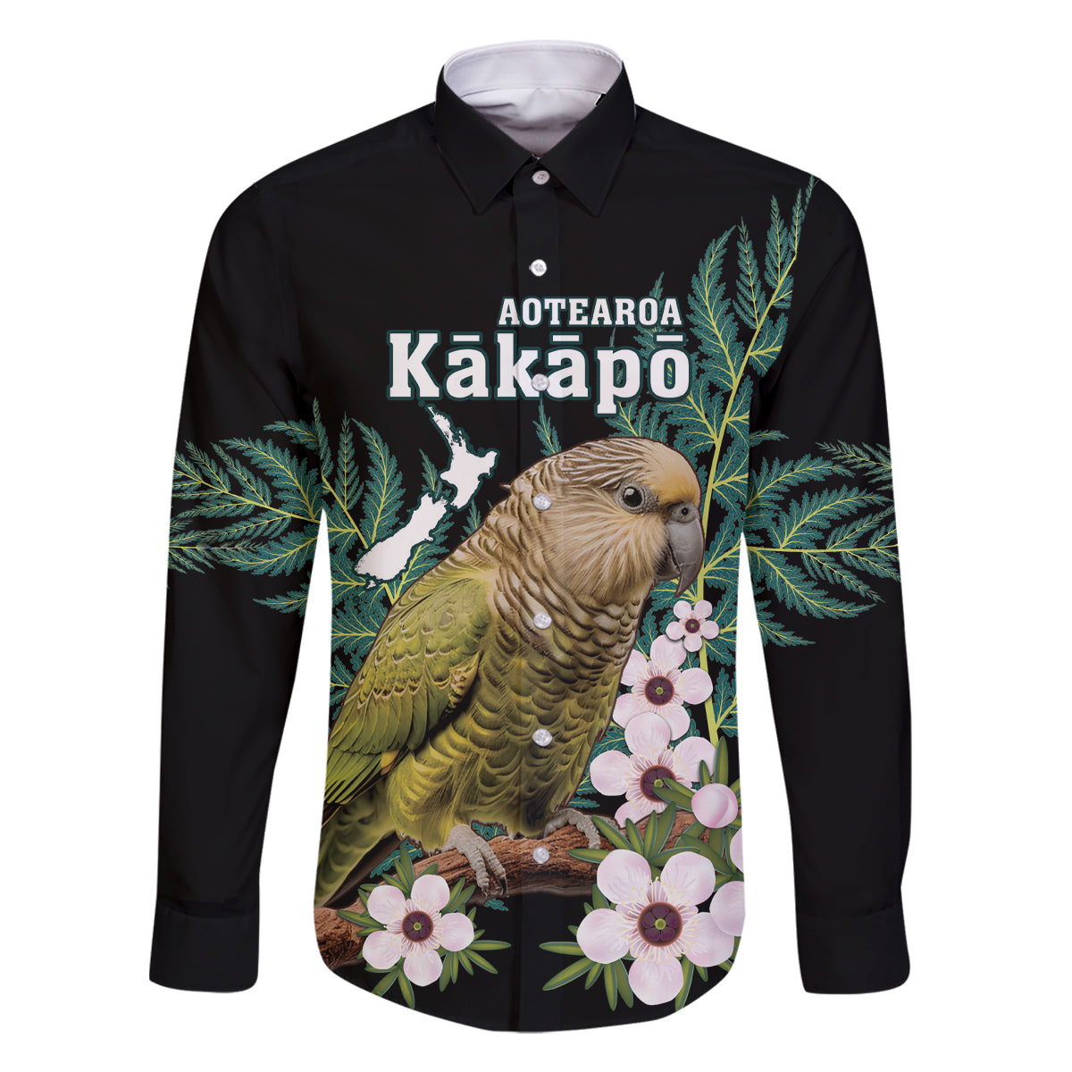 Personalised New Zealand Kakapo Family Matching Mermaid Dress and Hawaiian Shirt Aotearoa Fern With Manuka LT14 Dad's Shirt - Long Sleeve Black - Polynesian Pride