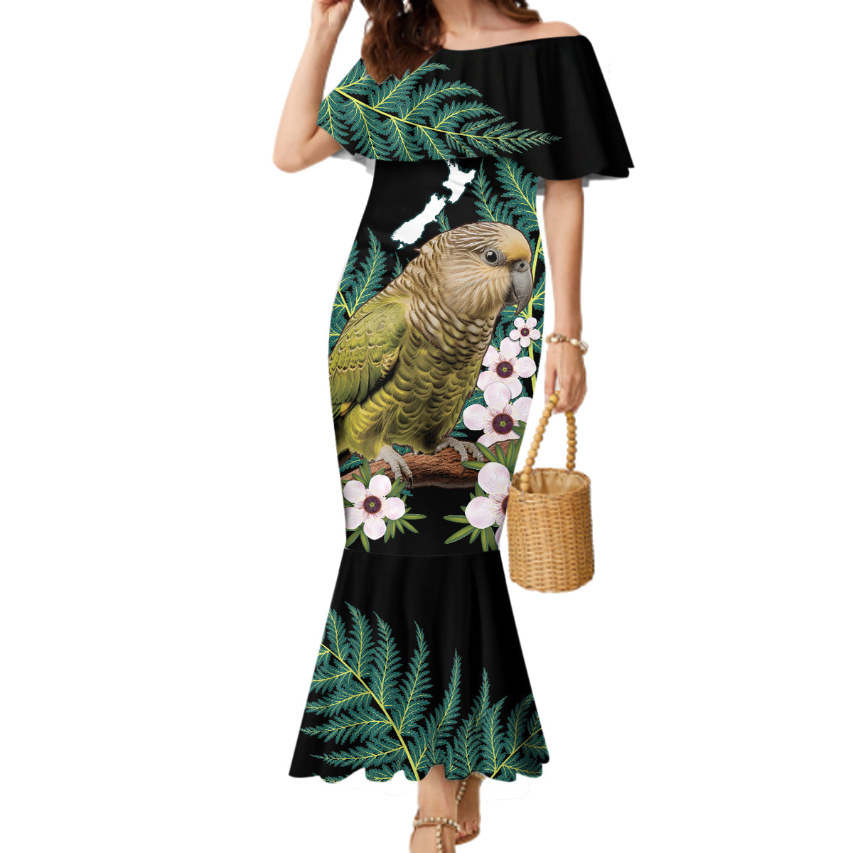 Personalised New Zealand Kakapo Family Matching Mermaid Dress and Hawaiian Shirt Aotearoa Fern With Manuka LT14 Mom's Dress Black - Polynesian Pride