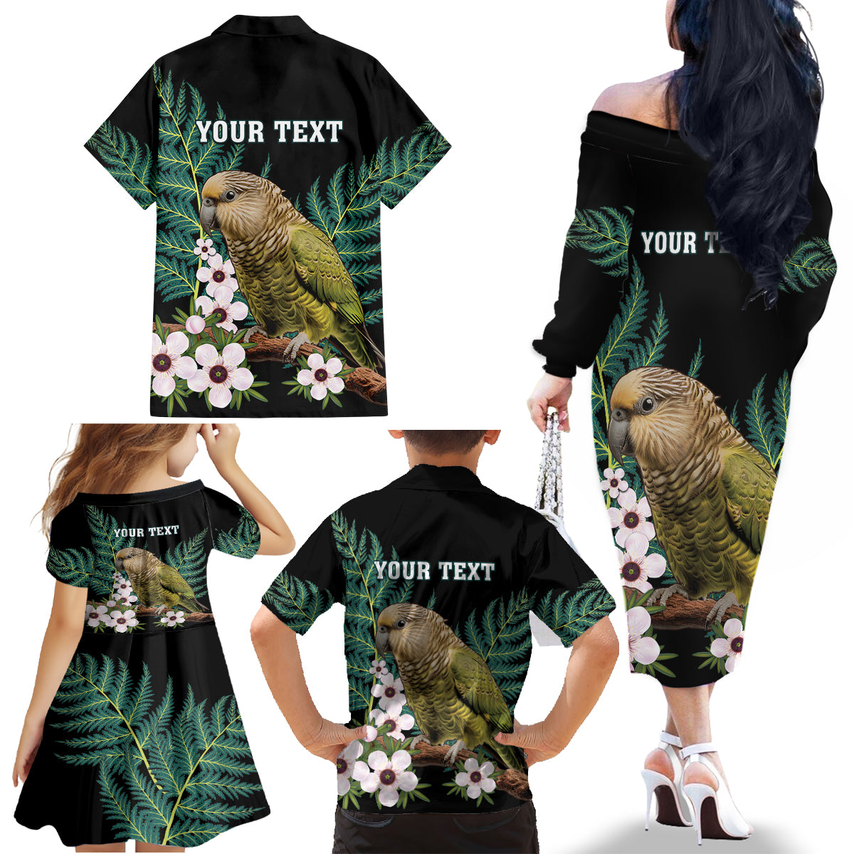 Personalised New Zealand Kakapo Family Matching Off The Shoulder Long Sleeve Dress and Hawaiian Shirt Aotearoa Fern With Manuka LT14 - Polynesian Pride