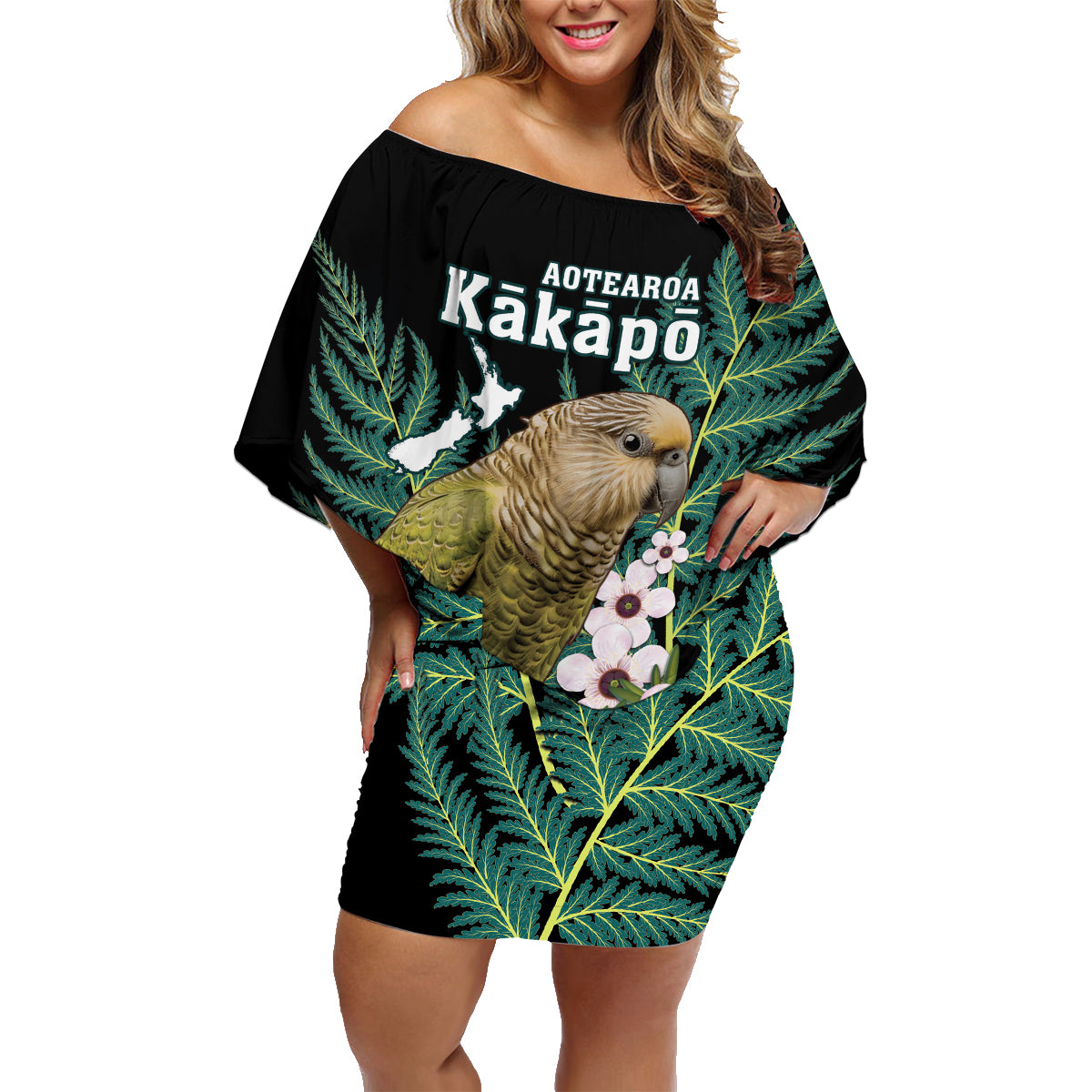 Personalised New Zealand Kakapo Family Matching Off Shoulder Short Dress and Hawaiian Shirt Aotearoa Fern With Manuka LT14 Mom's Dress Black - Polynesian Pride