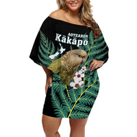 Personalised New Zealand Kakapo Family Matching Off Shoulder Short Dress and Hawaiian Shirt Aotearoa Fern With Manuka LT14 Mom's Dress Black - Polynesian Pride
