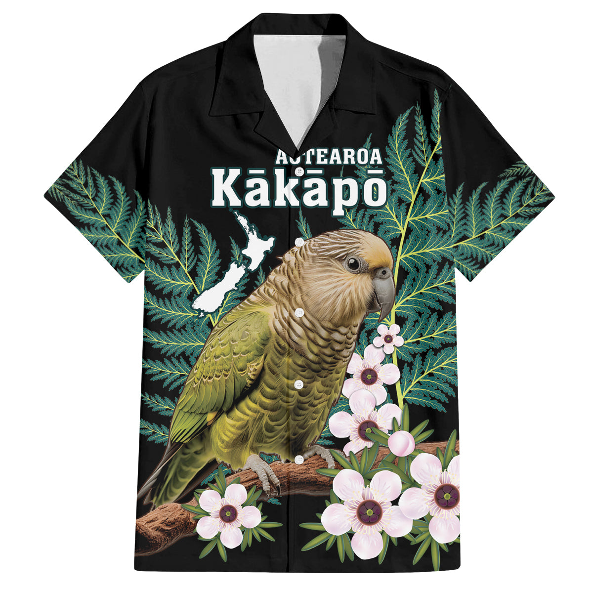 Personalised New Zealand Kakapo Family Matching Puletasi and Hawaiian Shirt Aotearoa Fern With Manuka LT14 Dad's Shirt - Short Sleeve Black - Polynesian Pride