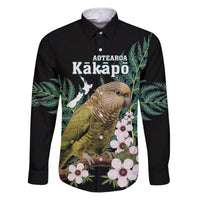 Personalised New Zealand Kakapo Family Matching Puletasi and Hawaiian Shirt Aotearoa Fern With Manuka LT14 Dad's Shirt - Long Sleeve Black - Polynesian Pride
