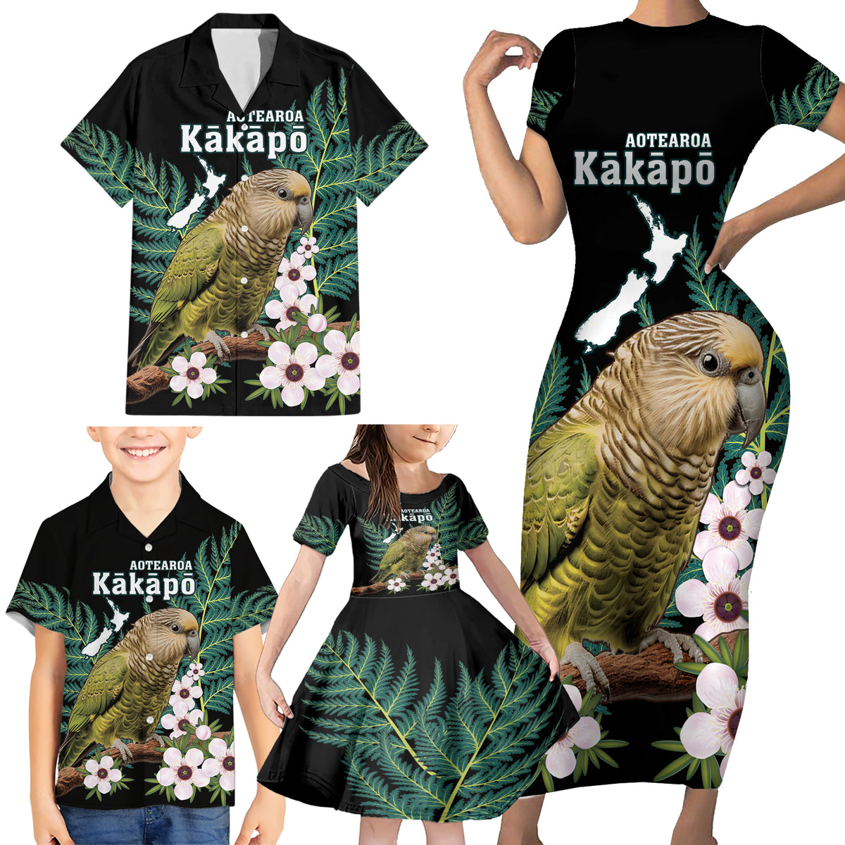 Personalised New Zealand Kakapo Family Matching Short Sleeve Bodycon Dress and Hawaiian Shirt Aotearoa Fern With Manuka LT14 - Polynesian Pride