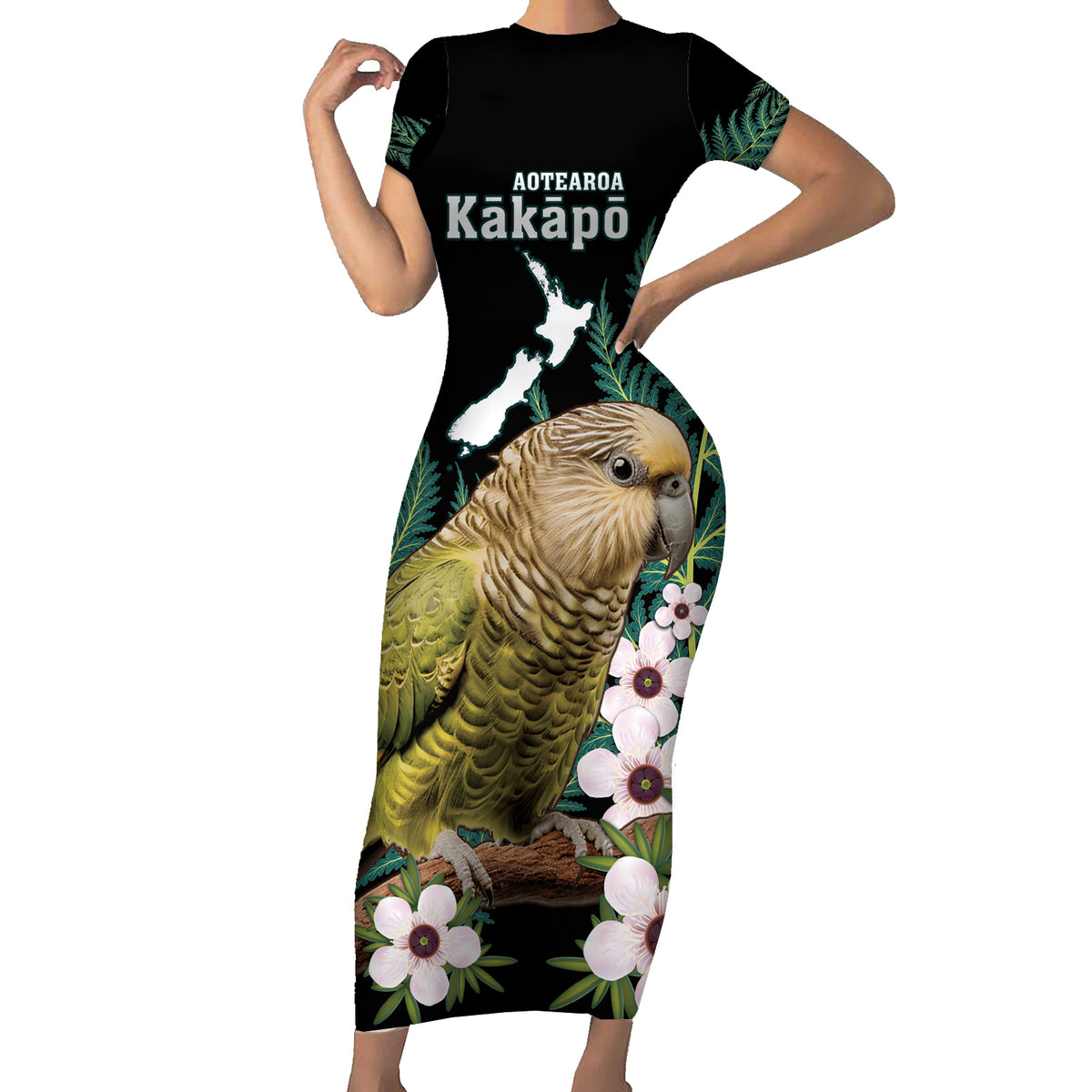 Personalised New Zealand Kakapo Family Matching Short Sleeve Bodycon Dress and Hawaiian Shirt Aotearoa Fern With Manuka LT14 Mom's Dress Black - Polynesian Pride