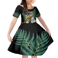 Personalised New Zealand Kakapo Family Matching Summer Maxi Dress and Hawaiian Shirt Aotearoa Fern With Manuka LT14 Daughter's Dress Black - Polynesian Pride