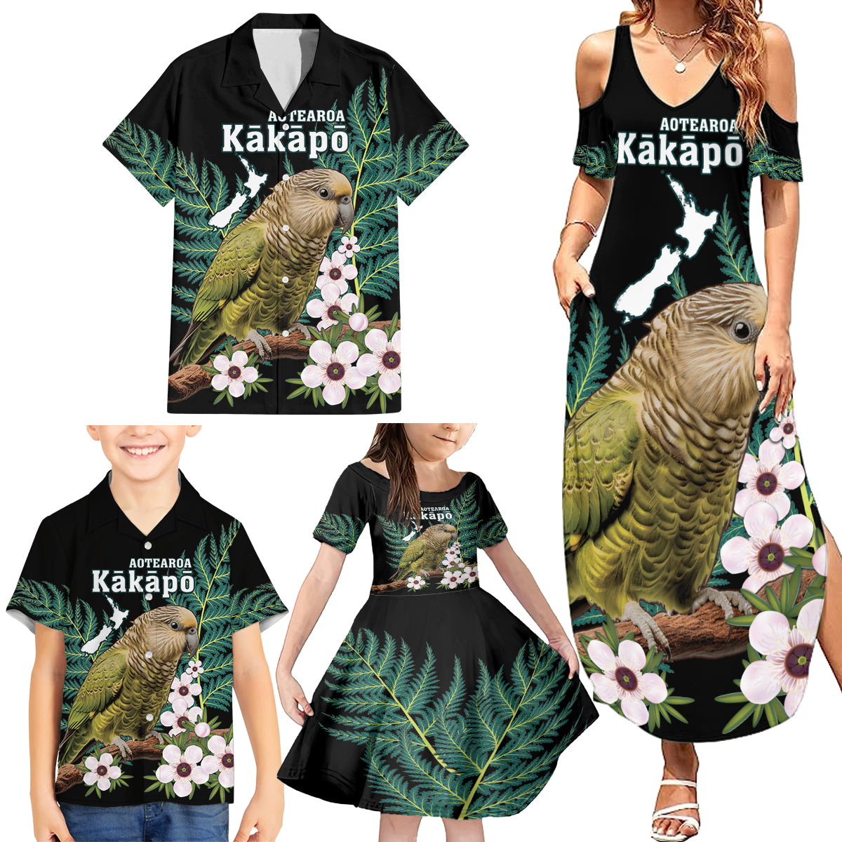 Personalised New Zealand Kakapo Family Matching Summer Maxi Dress and Hawaiian Shirt Aotearoa Fern With Manuka LT14 - Polynesian Pride