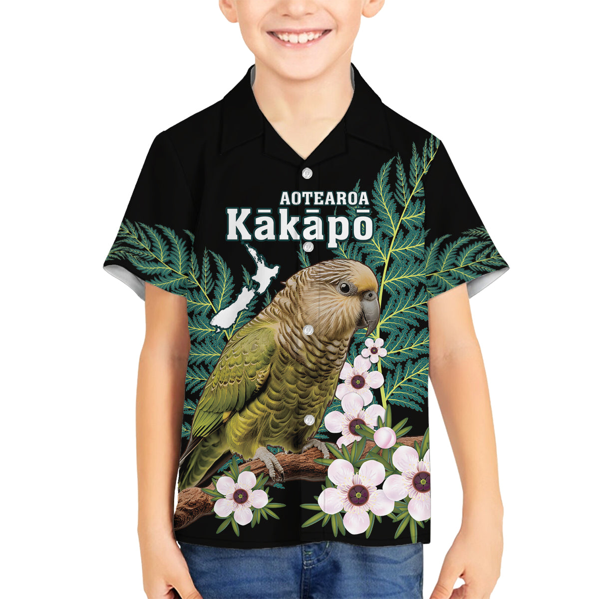 Personalised New Zealand Kakapo Family Matching Summer Maxi Dress and Hawaiian Shirt Aotearoa Fern With Manuka LT14 Son's Shirt Black - Polynesian Pride