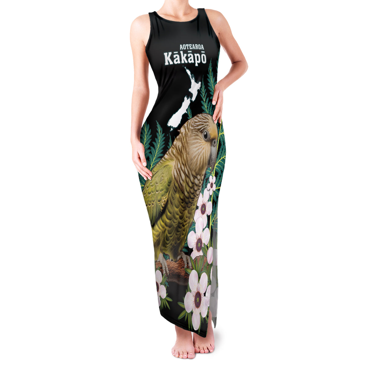 Personalised New Zealand Kakapo Family Matching Tank Maxi Dress and Hawaiian Shirt Aotearoa Fern With Manuka LT14 Mom's Dress Black - Polynesian Pride