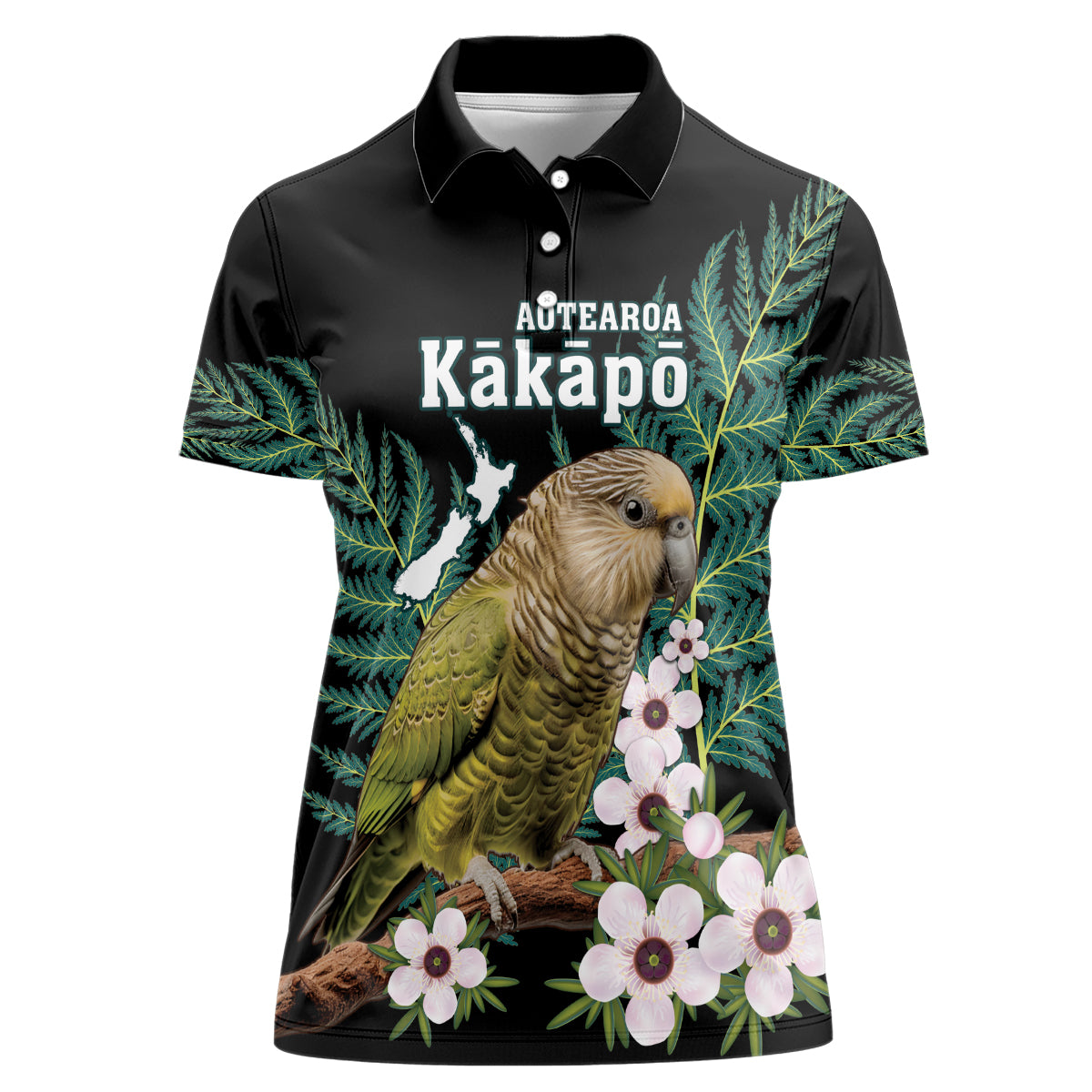 Personalised New Zealand Kakapo Women Polo Shirt Aotearoa Fern With Manuka LT14 Female Black - Polynesian Pride