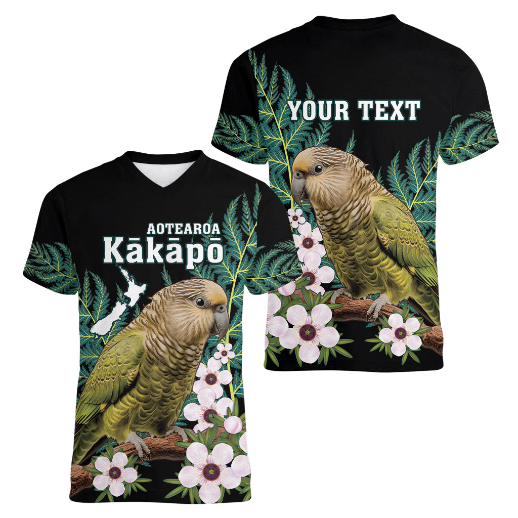 Personalised New Zealand Kakapo Women V-Neck T-Shirt Aotearoa Fern With Manuka