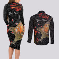 Personalised New Zealand Kea Couples Matching Long Sleeve Bodycon Dress and Long Sleeve Button Shirt Nestor Notabilis With Harakeke Maori Pattern