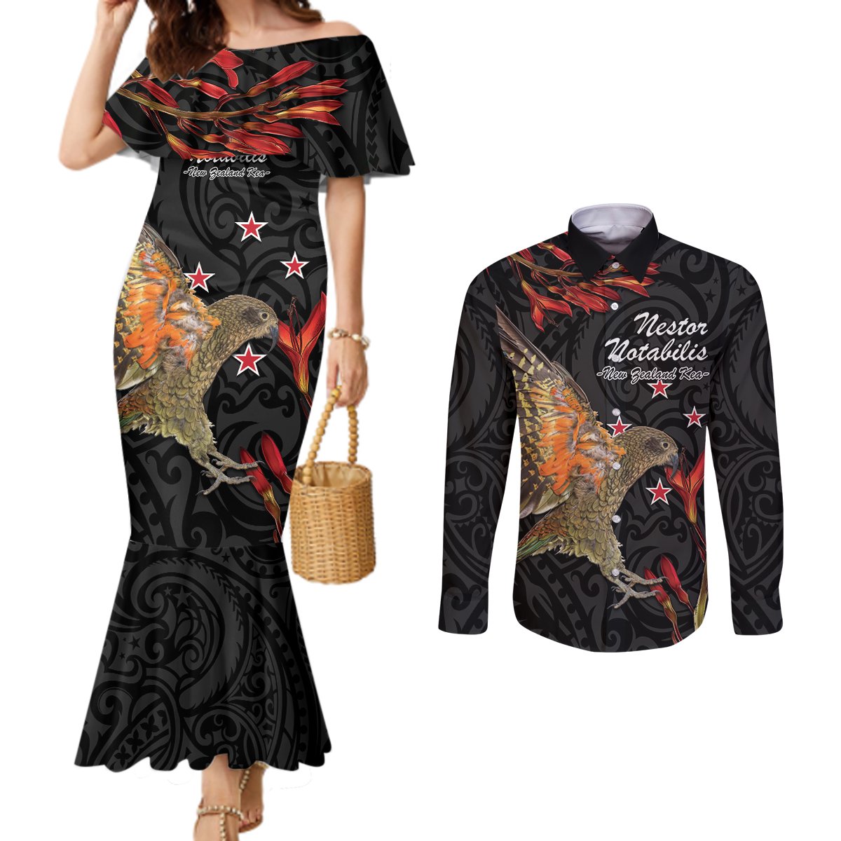 Personalised New Zealand Kea Couples Matching Mermaid Dress and Long Sleeve Button Shirt Nestor Notabilis With Harakeke Maori Pattern