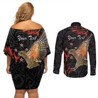 Personalised New Zealand Kea Couples Matching Off Shoulder Short Dress and Long Sleeve Button Shirt Nestor Notabilis With Harakeke Maori Pattern