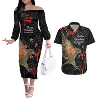 Personalised New Zealand Kea Couples Matching Off The Shoulder Long Sleeve Dress and Hawaiian Shirt Nestor Notabilis With Harakeke Maori Pattern LT14 Black - Polynesian Pride