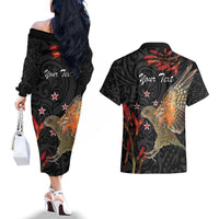 Personalised New Zealand Kea Couples Matching Off The Shoulder Long Sleeve Dress and Hawaiian Shirt Nestor Notabilis With Harakeke Maori Pattern LT14 - Polynesian Pride