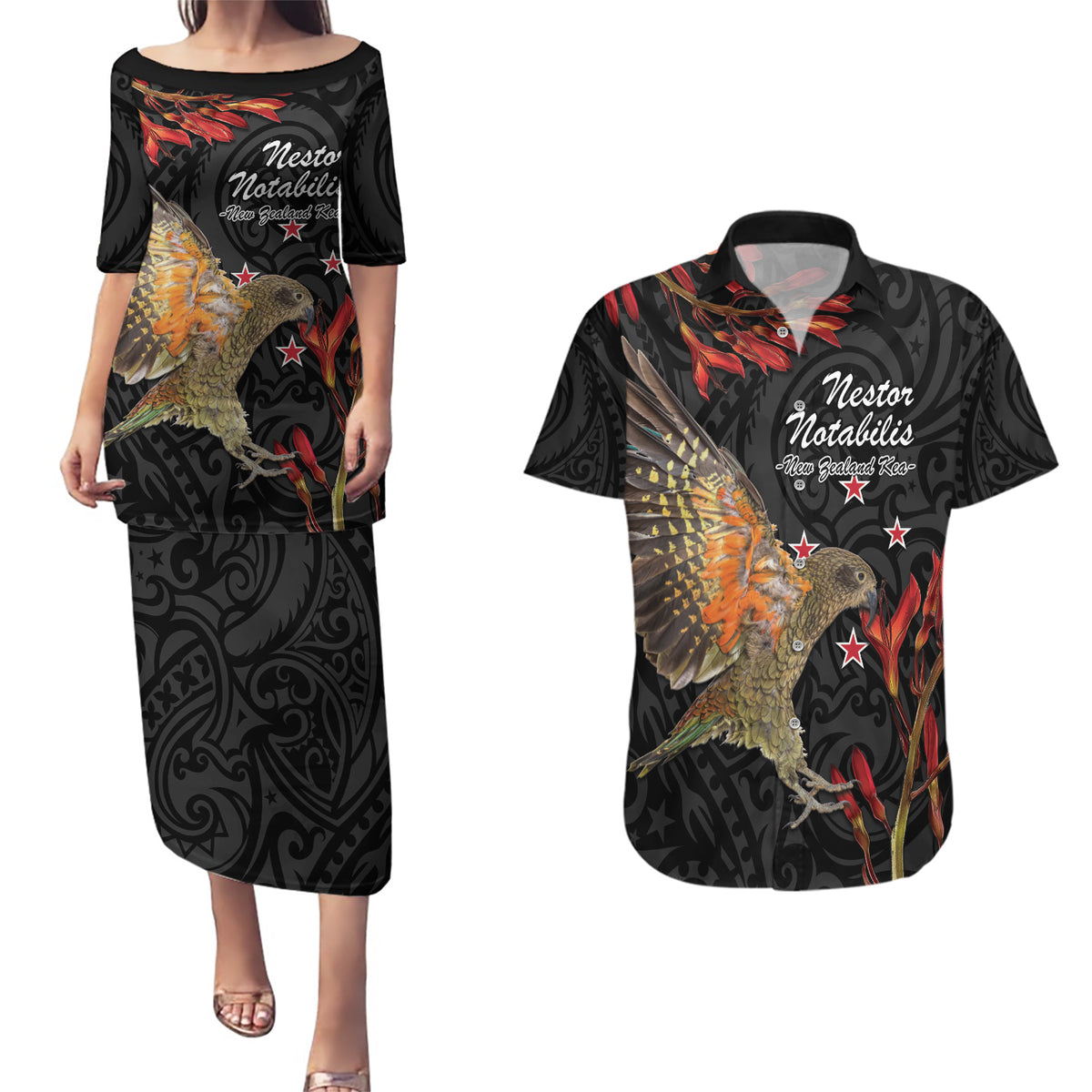 Personalised New Zealand Kea Couples Matching Puletasi and Hawaiian Shirt Nestor Notabilis With Harakeke Maori Pattern