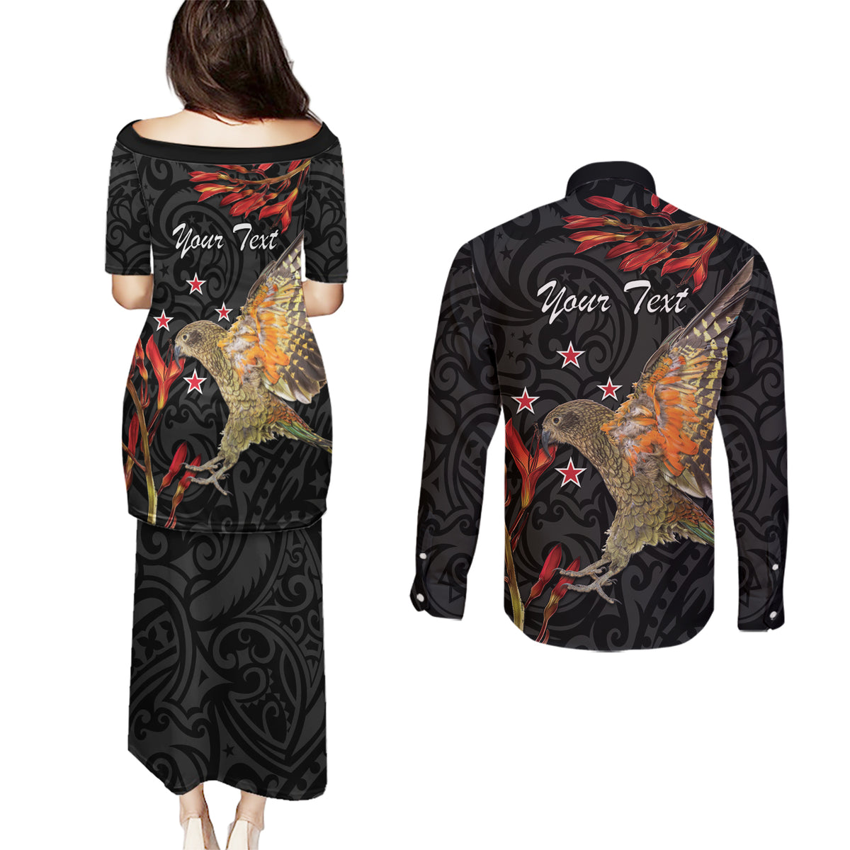 Personalised New Zealand Kea Couples Matching Puletasi and Long Sleeve Button Shirt Nestor Notabilis With Harakeke Maori Pattern