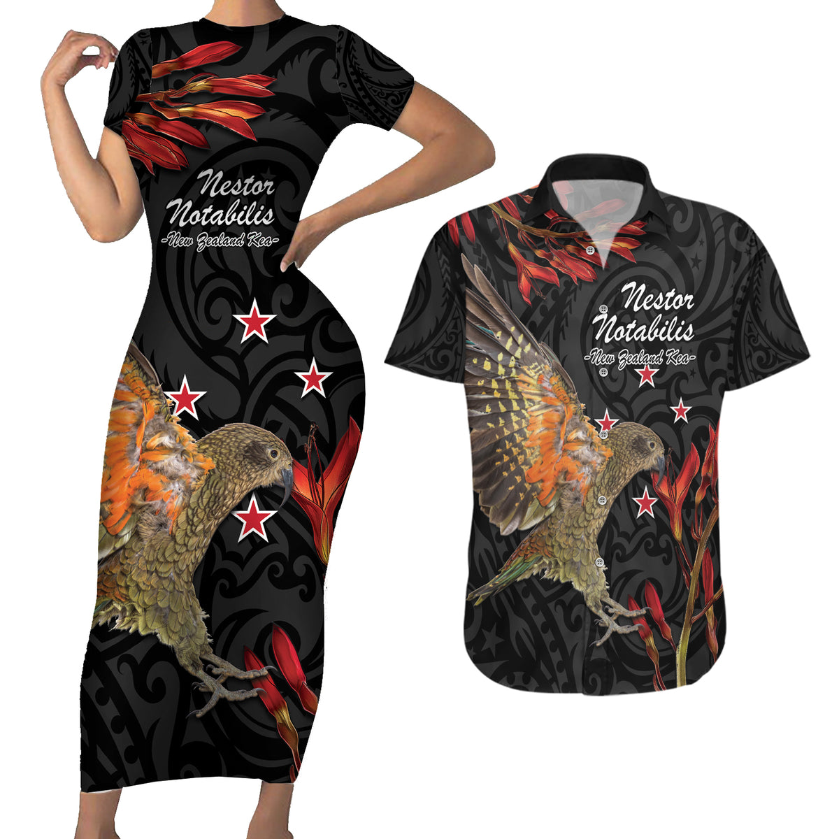 Personalised New Zealand Kea Couples Matching Short Sleeve Bodycon Dress and Hawaiian Shirt Nestor Notabilis With Harakeke Maori Pattern LT14 Black - Polynesian Pride