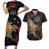 Personalised New Zealand Kea Couples Matching Short Sleeve Bodycon Dress and Hawaiian Shirt Nestor Notabilis With Harakeke Maori Pattern LT14 Black - Polynesian Pride