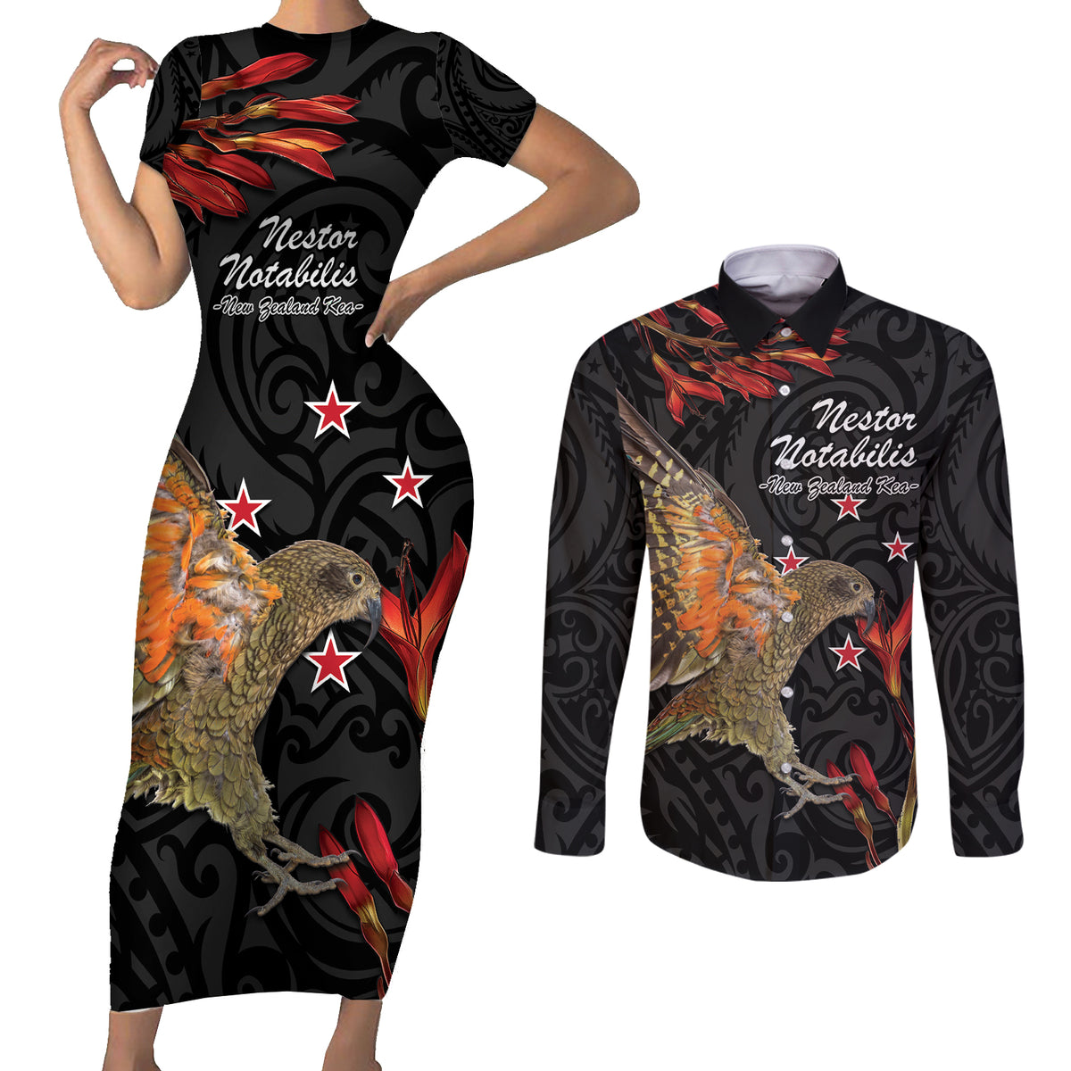 Personalised New Zealand Kea Couples Matching Short Sleeve Bodycon Dress and Long Sleeve Button Shirt Nestor Notabilis With Harakeke Maori Pattern