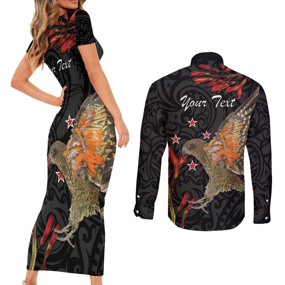Personalised New Zealand Kea Couples Matching Short Sleeve Bodycon Dress and Long Sleeve Button Shirt Nestor Notabilis With Harakeke Maori Pattern