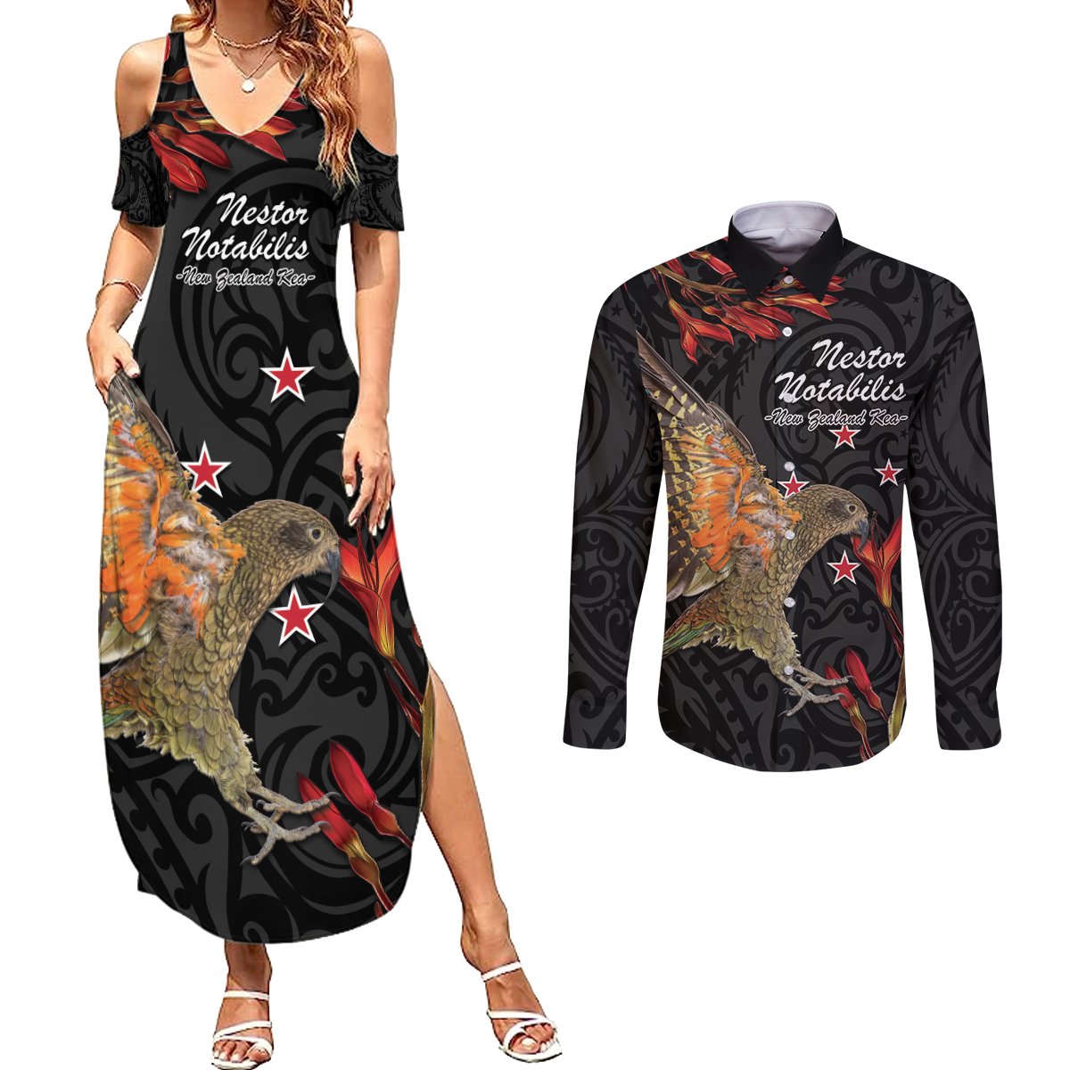 Personalised New Zealand Kea Couples Matching Summer Maxi Dress and Long Sleeve Button Shirt Nestor Notabilis With Harakeke Maori Pattern