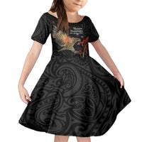 Personalised New Zealand Kea Family Matching Long Sleeve Bodycon Dress and Hawaiian Shirt Nestor Notabilis With Harakeke Maori Pattern LT14 Daughter's Dress Black - Polynesian Pride
